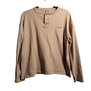 VTG Cotton Deluxe Mt Ashland Embroidered Long Sleeve Henley T Shirt Tan L USA
